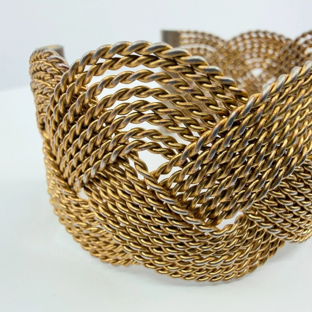 Vintage Gold Tone Braided Mesh Cuff‎ Bracelet Woven Knot Chunky Statement Boho